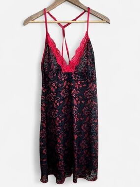 Linea Donatella Black Red Lace Sheer Nightgown Chemise Slip Dress Sz XL